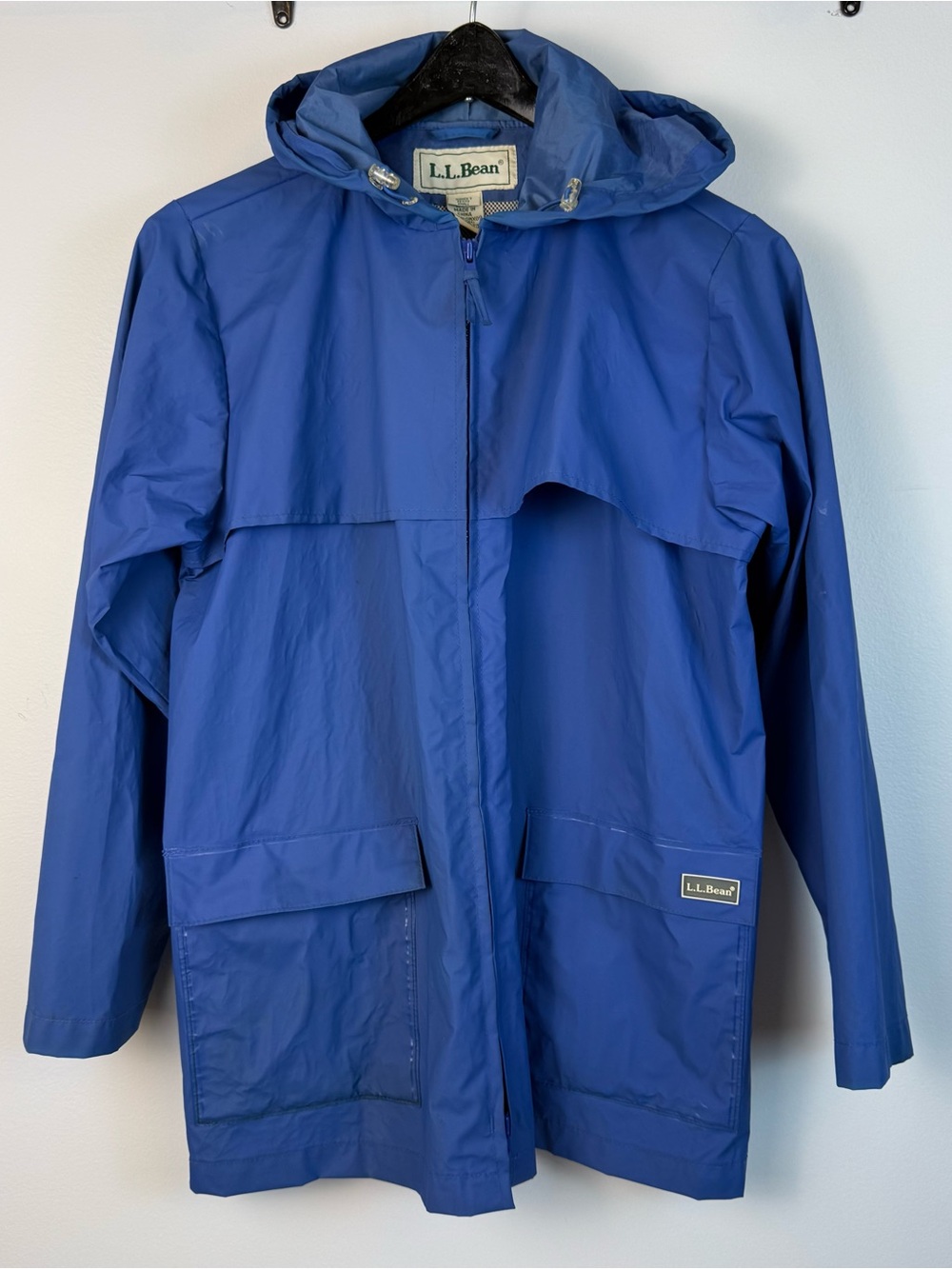 L.L.Bean Women’s Petite PS Blue Hooded Zip Rain Coat Jacket Polyester